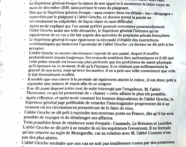 Note interne de la Fraternité Saint-Pie X dans lequel l'abbé Patrick Groche avoué ses crimes. 